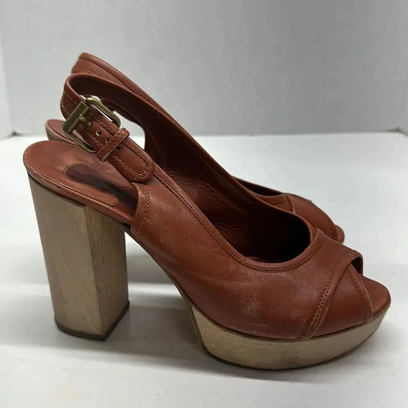 Chloe High Heels Pump Shoes Sling Back Open Toe Leather Brown Size 37.5 US 7.5 - Picture 1 of 12